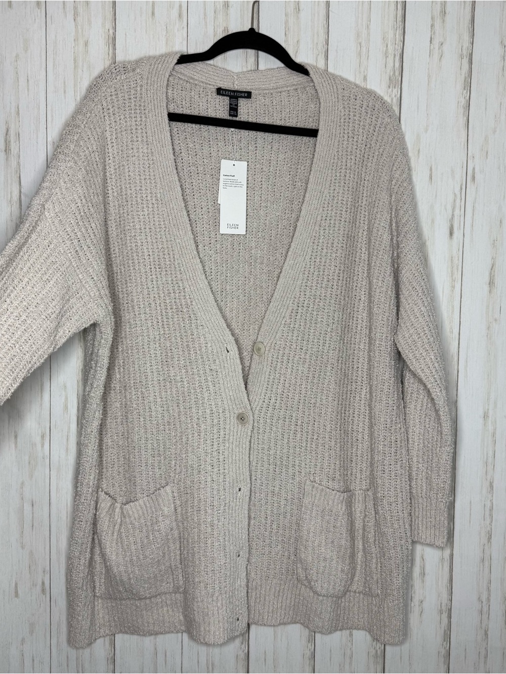 Eileen Fisher Light Beige Open-Stitch V-Neck Button Cardigan